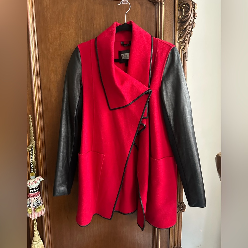Mackage Red Wool & Black Leather Sleeve & Trim Coat Jacket Size Small